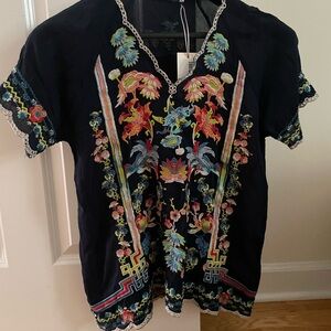 Johnny Was Navy Multicolor Embroidered V-Neck Tunic